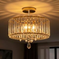 Gold Crystal Ceiling Lights,3-Light Modern LED Chandeliers Fitting,Industrial Crystal Semi Flush Mount Ceiling Lighting for Hallway Living Room Kitchen Bathroom,Dia 36.5cm E27 Base