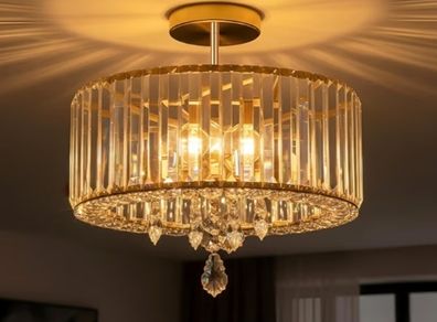 Gold Crystal Ceiling Lights,3-Light Modern LED Chandeliers Fitting,Industrial Crystal Semi Flush Mount Ceiling Lighting for Hallway Living Room Kitchen Bathroom,Dia 36.5cm E27 Base