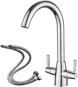 Kitchen Mixer Tap Dual Lever Swivel Spout Chrome Sink Taps with UK Standard Fittings