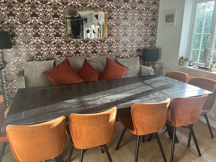 Cornelia Night Sofa Grey and dining table