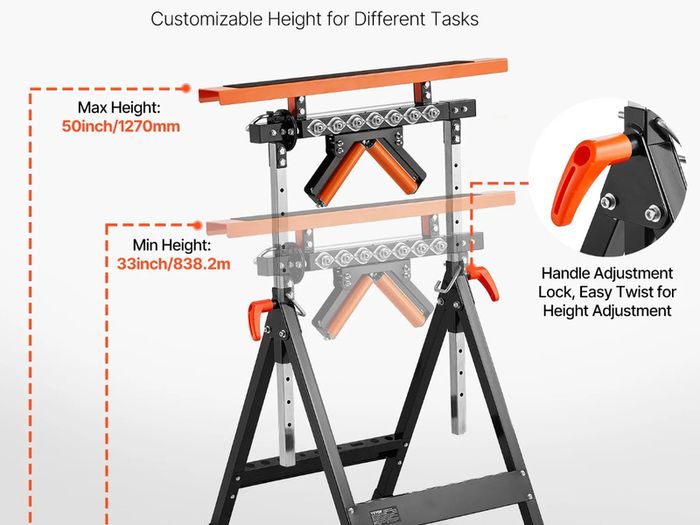4-in-1 Roller Stand, 200 kg(440 lb) Load Capacity, 84-127 cm(33-50 in) Adjustable Height, Folding Heavy Duty with Rack & Polished Multi-directional Roller Head, for Table Saw Outfeed Woodworking Extension Support