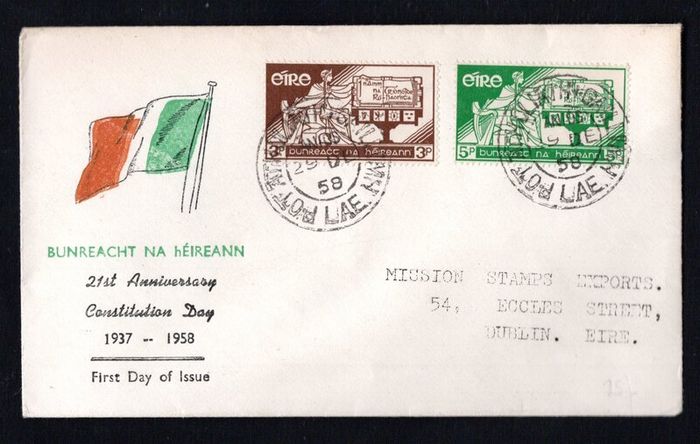 1958 Ireland Constitution of Ireland (21st Anniversary) Commemorative Stamps Addressed Illustrated First Day Cover (FDC) whosing tricolour flag with Baile Atha Cliath (Dublin) Cancel