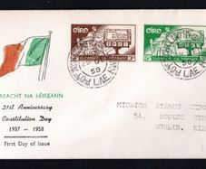 1958 Ireland Constitution of Ireland (21st Anniversary) Commemorative Stamps Addressed Illustrated First Day Cover (FDC) whosing tricolour flag with Baile Atha Cliath (Dublin) Cancel