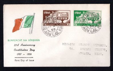 1958 Ireland Constitution of Ireland (21st Anniversary) Commemorative Stamps Addressed Illustrated First Day Cover (FDC) whosing tricolour flag with Baile Atha Cliath (Dublin) Cancel