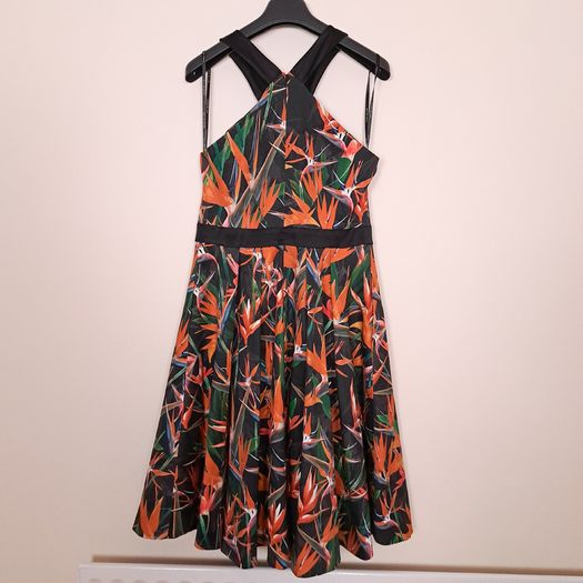Karen Millen Black Orange Bird of Paradise Floral Halter Neck Fit and Flare Dress 14UK/42EU