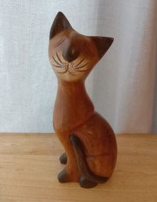 Hand Carved Wooden Cat Sculpture