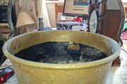 Large Antique Brass Cauldron Jam Pan with Iron Handle and Copper Rivets