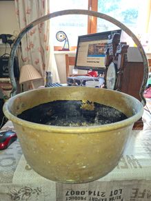 Large Antique Brass Cauldron Jam Pan with Iron Handle and Copper Rivets