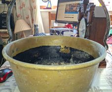 Large Antique Brass Cauldron Jam Pan with Iron Handle and Copper Rivets