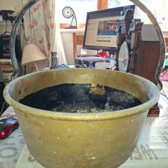 Large Antique Brass Cauldron Jam Pan with Iron Handle and Copper Rivets