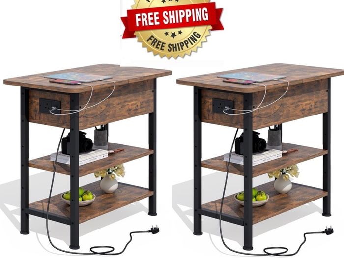 Side Table with Charging Station, Small Flip Top Narrow Sofa End Table with USB Ports, Type C Ports and Outlets, with Storage, 3-Tier, for Living Room, Bedroom, Brown