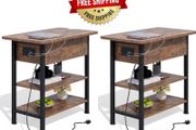 Side Table with Charging Station, Small Flip Top Narrow Sofa End Table with USB Ports, Type C Ports and Outlets, with Storage, 3-Tier, for Living Room, Bedroom, Brown