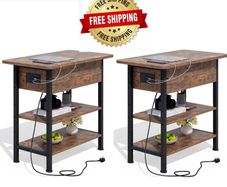 Side Table with Charging Station, Small Flip Top Narrow Sofa End Table with USB Ports, Type C Ports and Outlets, with Storage, 3-Tier, for Living Room, Bedroom, Brown