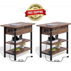 Side Table with Charging Station, Small Flip Top Narrow Sofa End Table with USB Ports, Type C Ports and Outlets, with Storage, 3-Tier, for Living Room, Bedroom, Brown