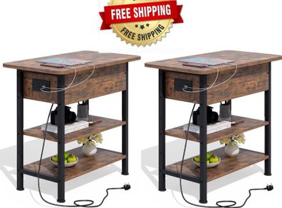 Side Table with Charging Station, Small Flip Top Narrow Sofa End Table with USB Ports, Type C Ports and Outlets, with Storage, 3-Tier, for Living Room, Bedroom, Brown