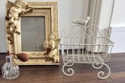 Vintage Cream &amp; Gold Vanity Decor Set Frame, Perfume Bottle &amp; Wire Basket