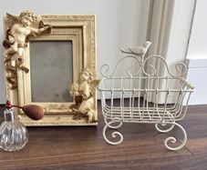 Vintage Cream & Gold Vanity Decor Set Frame, Perfume Bottle & Wire Basket