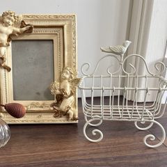 Vintage Cream & Gold Vanity Decor Set Frame, Perfume Bottle & Wire Basket