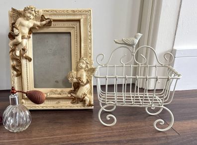 Vintage Cream & Gold Vanity Decor Set Frame, Perfume Bottle & Wire Basket