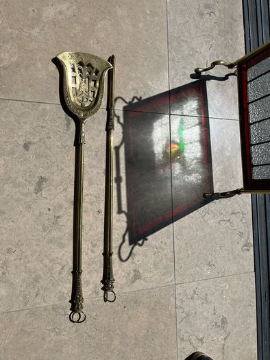 Vintage brass& leaded glass fire screen and brass accessories