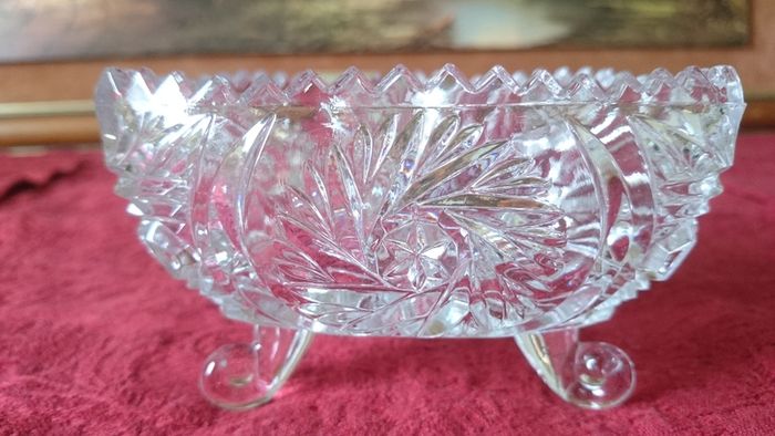 Triangular Cut Crystal Glass Footed Jewelry Dish