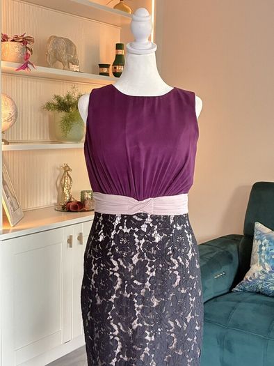 Ladies Sleeveless Pencil Dress Purple Bodice, with Black Floral Lace Skirt from Little Mistress