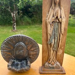 vintage holy water font and statue