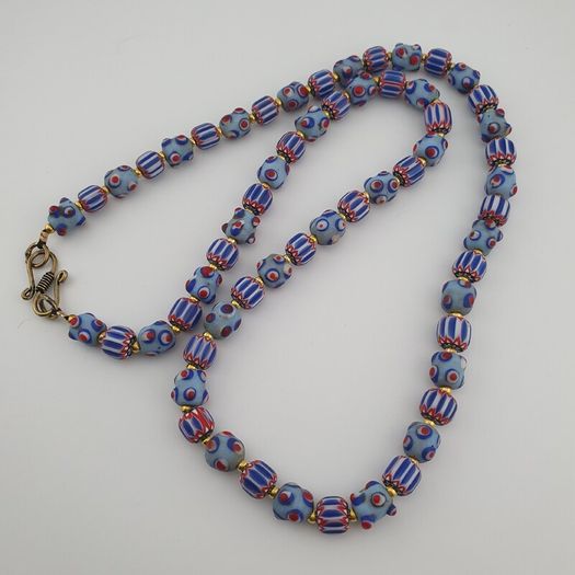 Antique Venetian Style Chevron & Skunk Glass Beads Necklace