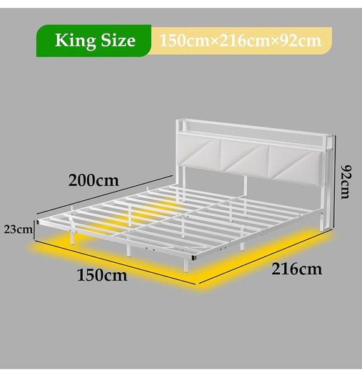 Floating King Metal Bed Frame with LED Lights & USB Charging Station, 150x200cmMetal