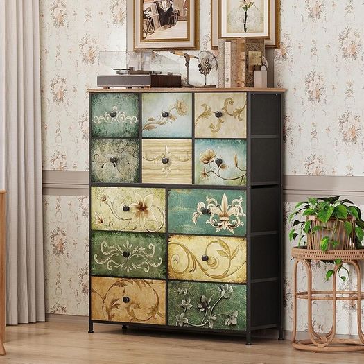Fabric Chest of Drawers, Vintage 12 Drawer Tall Dresser with Floral Print, Rustic Boho Style Dresser Storage Cabinet for Bedroom, Hallway, Living Room