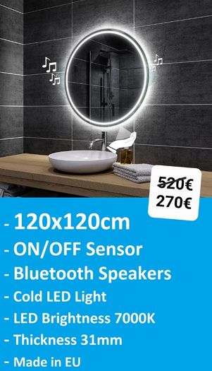 LED Bathroom Mirror Speakers Music Bluetooth Cool LED Light Touch Switch