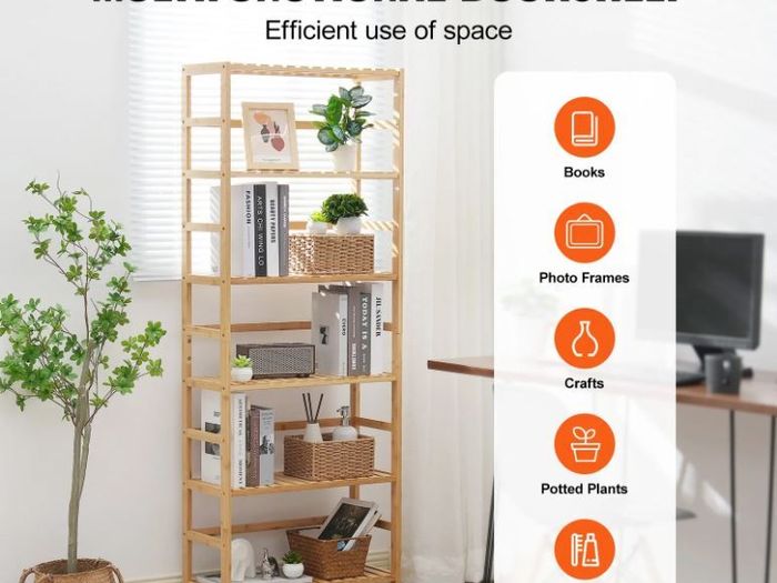 6 Tier Bamboo Bookshelf Display Storage Rack Organizer, Freestanding