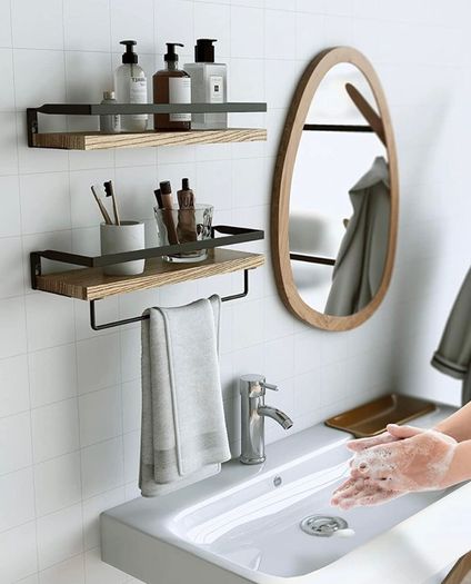 Floating Shelves, Rustic Wall Shelves Set of 2 with Length 42cm, Removable Towel Holder, Wall Mounted Shelves for Bathroom, Living Room, Bedroom, Kitchen, etc