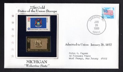1988 USA Michigan "Wolverine State" 22kt Gold Replica of the 1976 United States Flag Stamps showing 25c US flag definitive tied Lansing, Michigan (state capital) illustrated cover