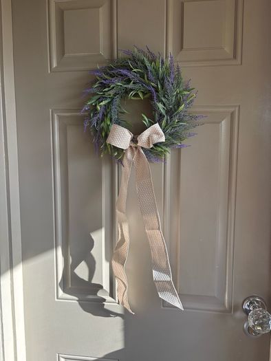 New mini 30cm faux wild lavender wreath with exaggerated linen and polka dot bow