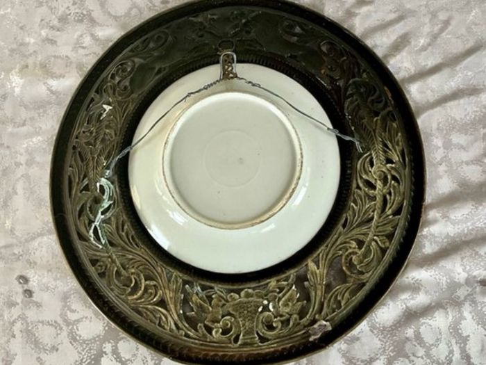 Set of 4 Antique French Brass/Hand-Painted Porcelain Wall Plaques