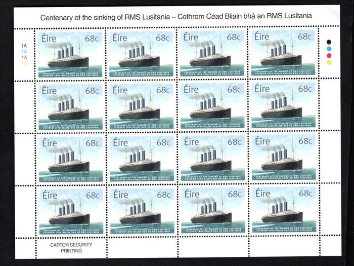 2015 Ireland Centenary of The Sinking of the RMS Lusitania Commemorative Stamps Sheetlet Plate 1A1A1A1A Mint Never Hinged (MNH)