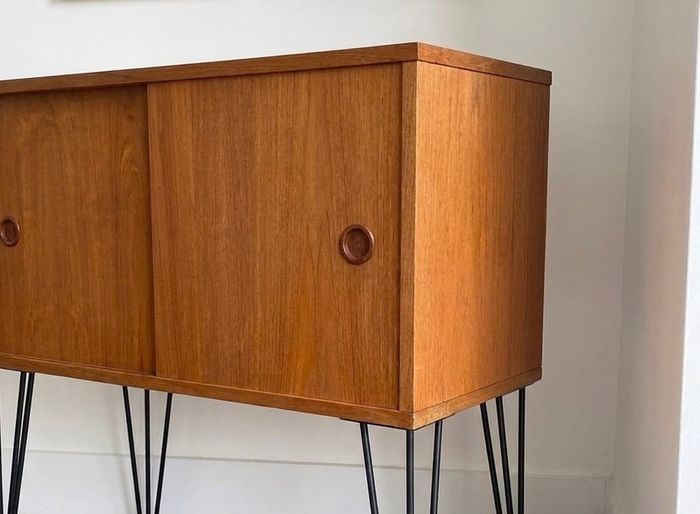 Vintage Mid Century Teak Sliding Door Storage/Vinyl Cabinet