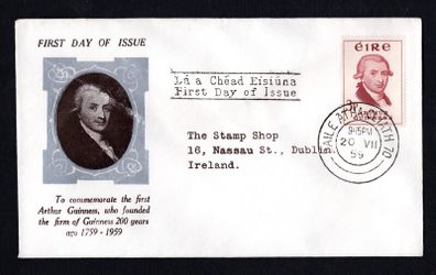 1959 Ireland Bicentenary of the Foundation of the Guinness Brewery in Dublin 3d Commemorative Stamp Illustrated First Day Cover (FDC)