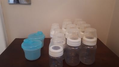 Baby bottles, teats and formula carriers