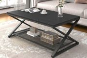 2 Tier Coffee Table, Industrial Wood Metal Center Living Room Table with Storage Shelf, Modern Rectangle Cocktail Tea Table for Home Office Bedroom,39 inch Black Coffee Table