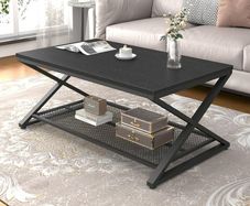 2 Tier Coffee Table, Industrial Wood Metal Center Living Room Table with Storage Shelf, Modern Rectangle Cocktail Tea Table for Home Office Bedroom,39 inch Black Coffee Table