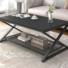 2 Tier Coffee Table, Industrial Wood Metal Center Living Room Table with Storage Shelf, Modern Rectangle Cocktail Tea Table for Home Office Bedroom,39 inch Black Coffee Table