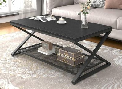 2 Tier Coffee Table, Industrial Wood Metal Center Living Room Table with Storage Shelf, Modern Rectangle Cocktail Tea Table for Home Office Bedroom,39 inch Black Coffee Table