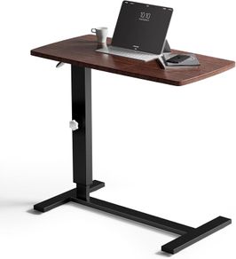 Overbed Bedside Table with Wheels 67-91cm Adjustable Height Laptop Side Table for Bed & Sofa,Hospital Bed End Table Large Standing Desk for Home Office Bedroom Living Room, White+Maple