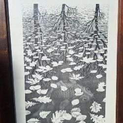 Large Framed M.C. Escher Three Worlds Vintage Print Custom Artisan Wood Frame 63.5cm x 83.4cm
