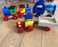Wooden train, tractor and Cement mixer