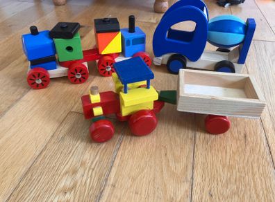 Wooden train, tractor and Cement mixer