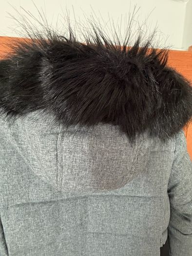 Grey winter coat with black faux fur hood trim) - size 16