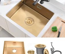 Stainless Steel Kitchen Sink, 50X45CM Small Sink, BoomHoze Undermount Single Bowl Outdoor Campervan with Silencer Pad, Drainer Fittings, Drop in Flushmount or Topmount Installation, Gold